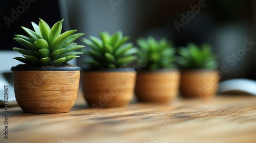 Wallpaper Mural Four small potted plants arranged on a wooden table with a blurred background Torontodigital.ca