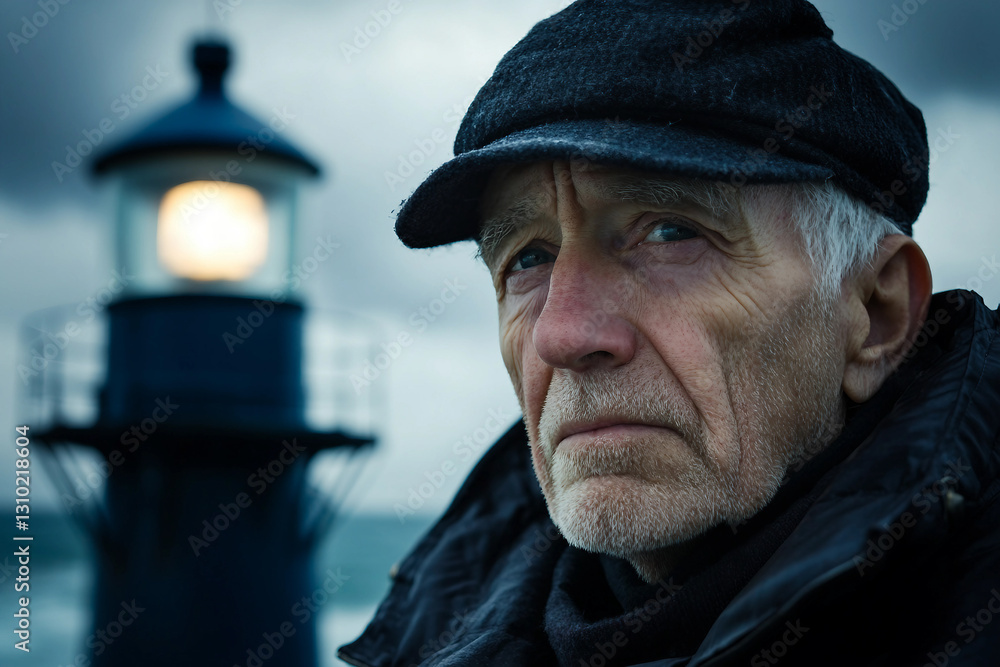 Portrait of an Elderly Lighthouse Keeper with a Glowing Lighthouse at Sunset, Generative AI Portrait of an Elderly Lighthouse Keeper with a Glowing Lighthouse at Sunset, Generative AI
