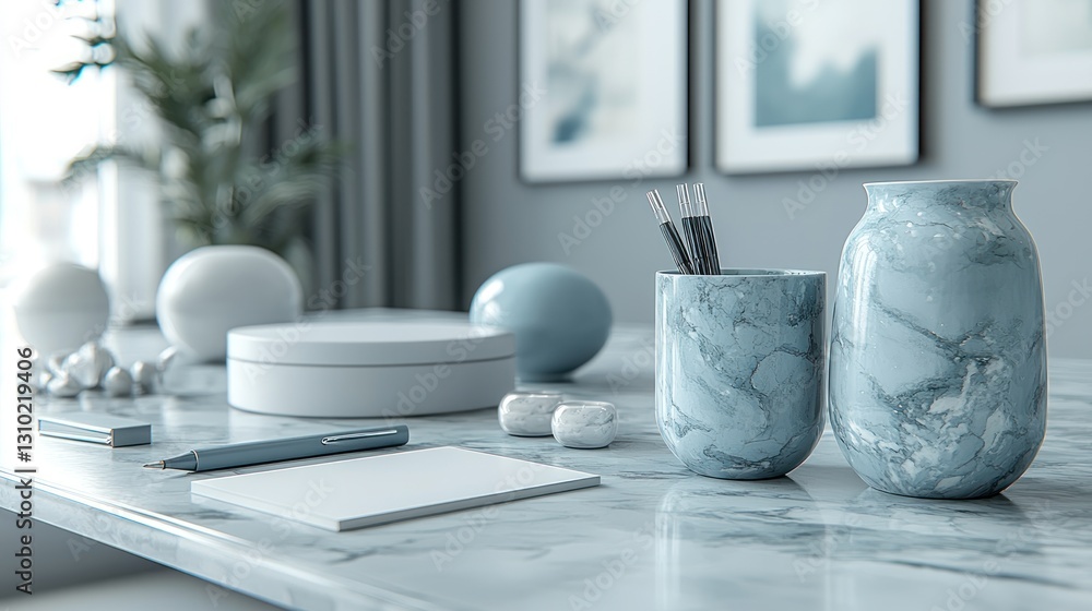 Modern workspace with marble desk, decorative items, and organized stationery Modern workspace with marble desk, decorative items, and organized stationery