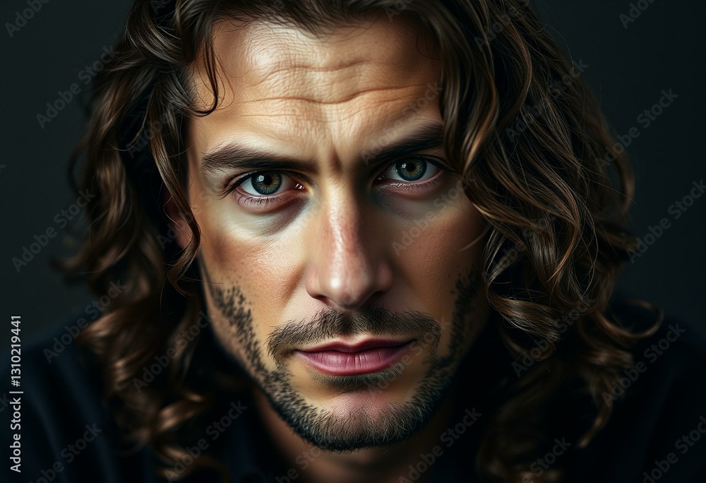 Portrait of a man with long hair, introspective expression Portrait of a man with long hair, introspective expression