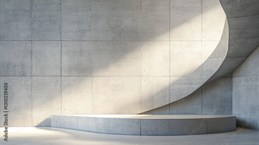 Fototapeta premium Minimalist architectural interior with curved concrete wall and sunlight