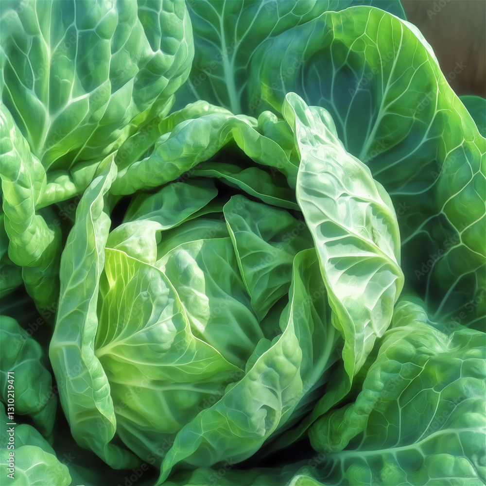 Fototapeta premium A close-up of a fresh cabbage with a rich green color and textured leaves. This image highlights the natural beauty and freshness of healthy vegetables.