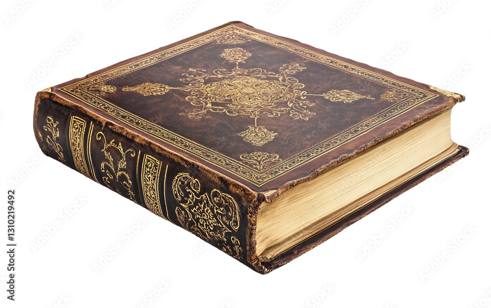 An Antique Leather Book with Ornate Gold Patterns on Its Cover Isolated on transparent background PNG An Antique Leather Book with Ornate Gold Patterns on Its Cover Isolated on transparent background PNG