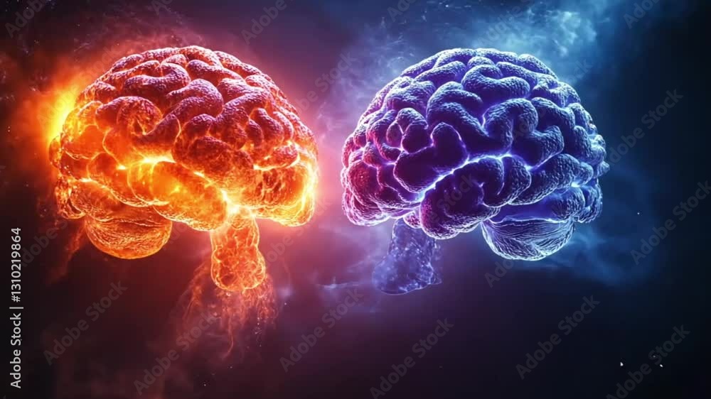 Two opposing brains in fiery and icy nebulae; conceptual image of contrasting ideas Two opposing brains in fiery and icy nebulae; conceptual image of contrasting ideas
