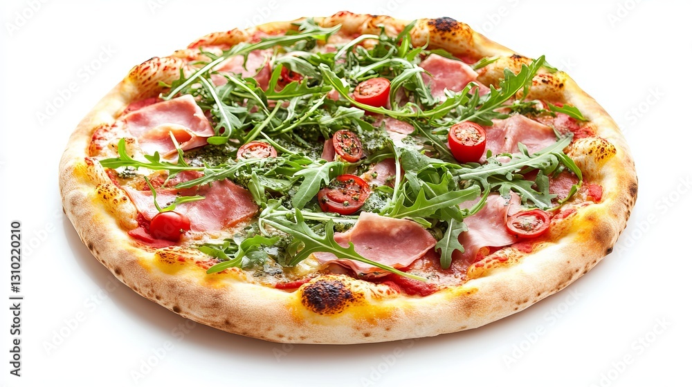 A pizza topped with ham, arugula, and assorted vegetables on a white background. A pizza topped with ham, arugula, and assorted vegetables on a white background.
