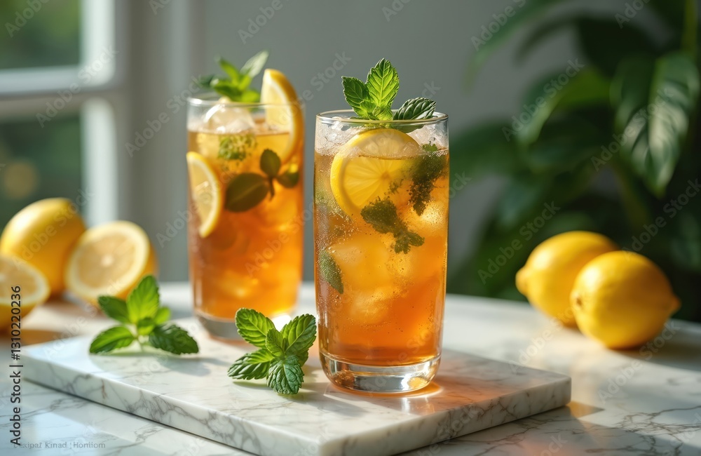 Fototapeta premium Iced tea with mint, lemon slices in glasses on marble table. Refreshing summer beverage with ice cubes, fruits, herbs garnish. Hydrating, thirst-quenching drink for relaxation, leisure in summer