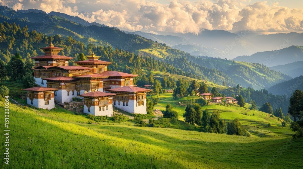 Obraz premium Bhutanese monastery at golden hour, lush valley, mountain backdrop