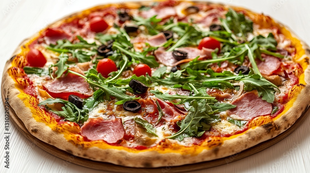 A pizza topped with ham, arugula, and assorted vegetables on a white background. A pizza topped with ham, arugula, and assorted vegetables on a white background.