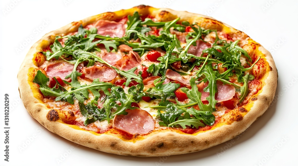 A pizza topped with ham, arugula, and assorted vegetables on a white background. A pizza topped with ham, arugula, and assorted vegetables on a white background.