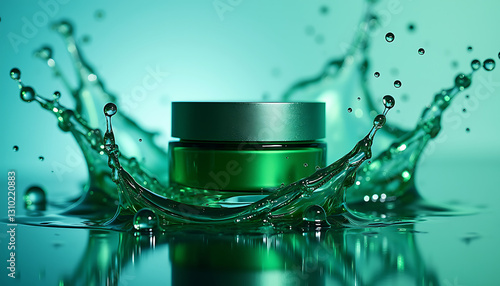 Green cream jar splashing in water background