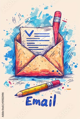 Illustration of an open envelope with 'Email' paper and a pencil photo