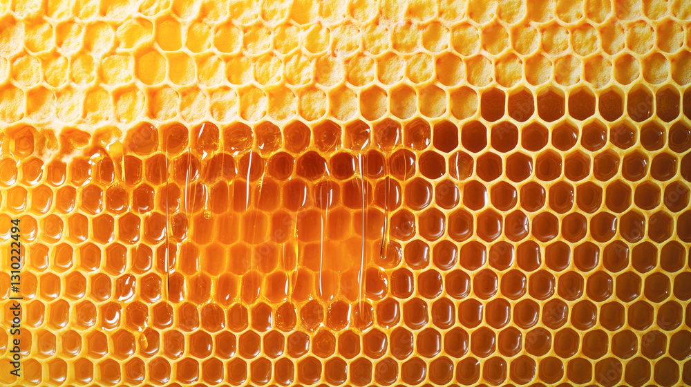 Golden honeycomb structure with fresh honey dripping in close-up view