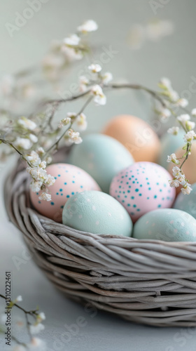 Pastel easter eggs in wicker basket with delicate spring blossoms
