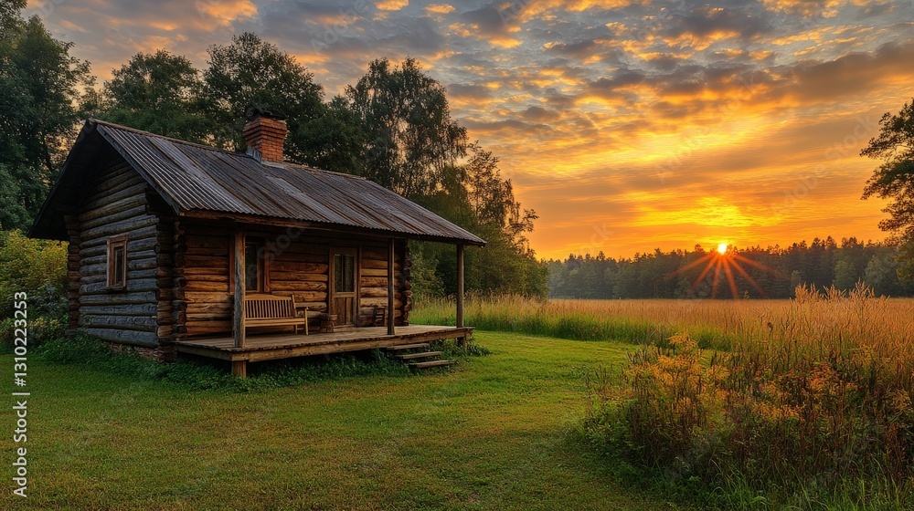 Cozy Log Cabin Surrounded by Nature at Sunset Cozy Log Cabin Surrounded by Nature at Sunset