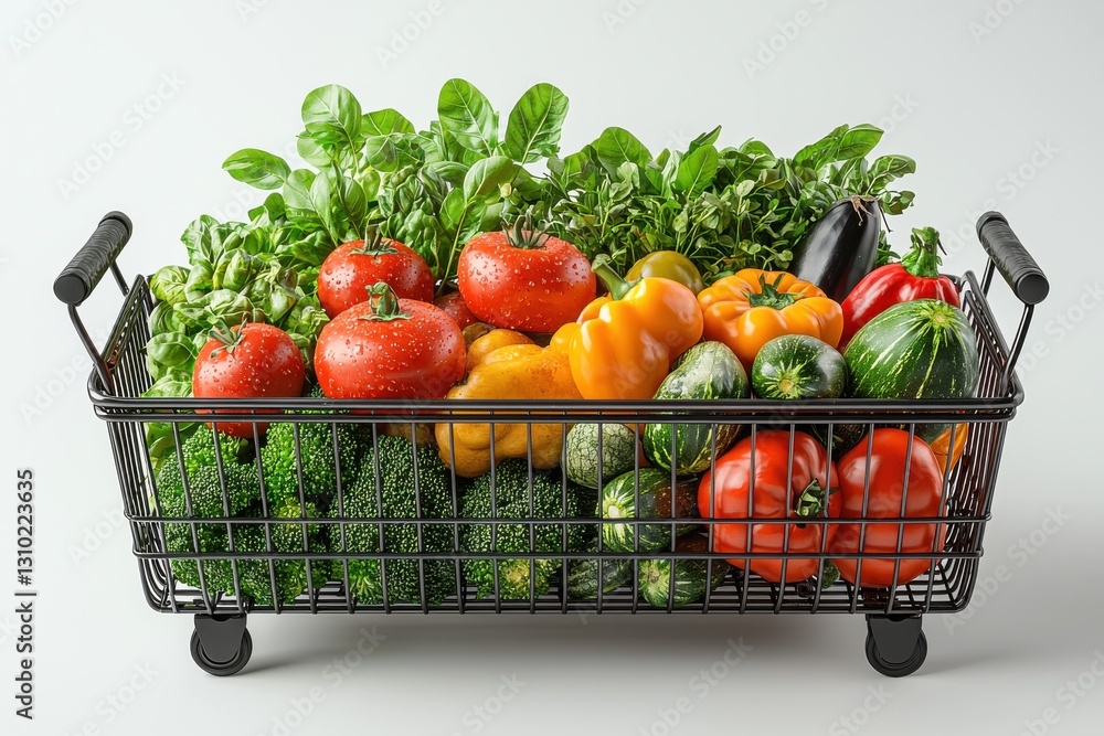 Shopping basket filled with fresh vegetables and healthy green organic produce