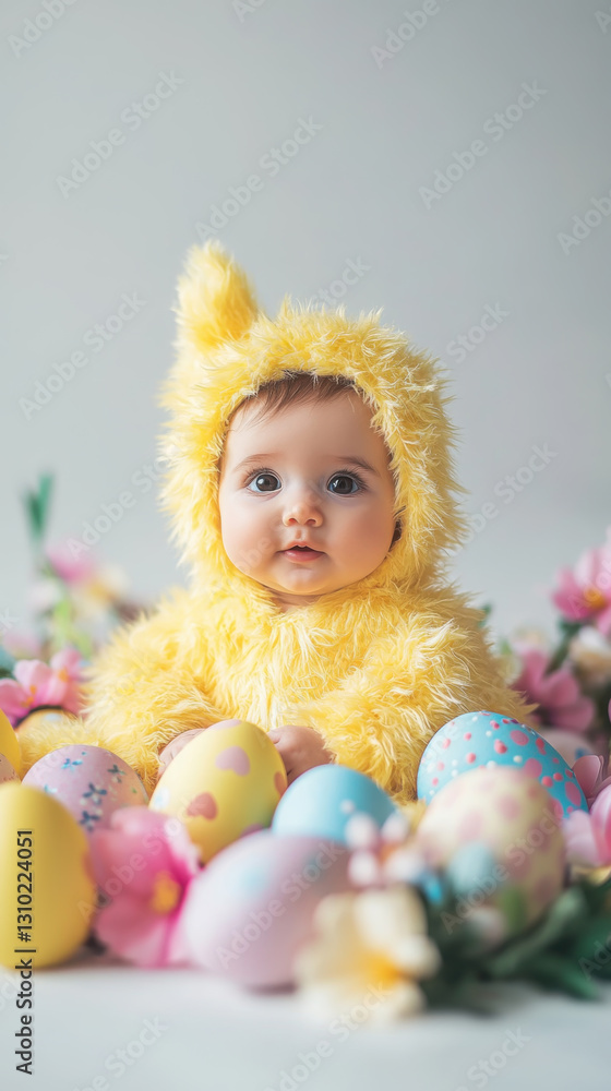 Fototapeta premium Adorable baby dressed as yellow chick surrounded by colorful easter eggs and flowers