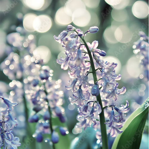 A close-up image of delicate blue flowers with water droplets, creating a fresh and vibrant atmosphere. Perfect for spring or floral-themed content.