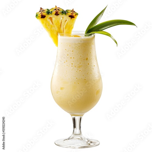 Piña Colada in a Tall Glass with Pineapple Garnish, Close-Up View, Isolated on White Background
