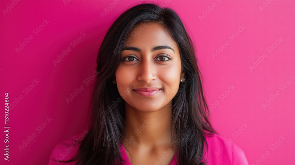 Portrait of a South Asian Woman in Her Late 20s with a Subtle Smile, Looking Directly at the Camera, Against a Solid Bright Pink Background Portrait of a South Asian Woman in Her Late 20s with a Subtle Smile, Looking Directly at the Camera, Against a Solid Bright Pink Background