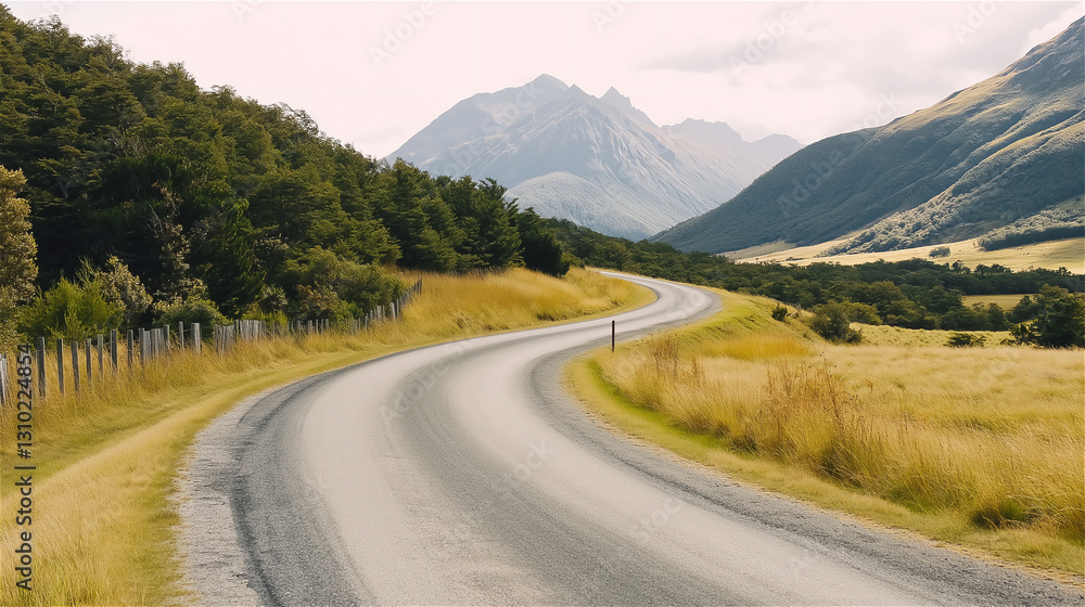 Naklejka premium An empty road cuts through a mountainous terrain, showing vast open space leading to majestic mountains in the distance, conveying the idea of a journey through the wild.