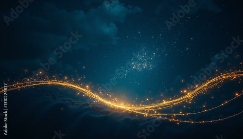 Glittering golden lines radiate from stylized minimalist symbols ♁♇♆, set against a deep indigo night sky with wispy cirrus clouds and a sprinkle of stardust on a worn leather parchment background.