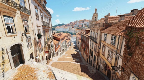 European city street, ascending steps, historical buildings, distant cityscape