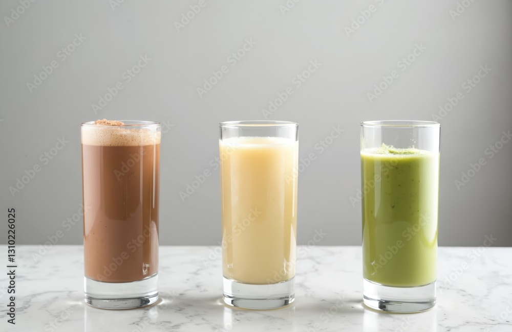 Three protein shakes in transparent glasses on marble table. Chocolate, vanilla and kiwi smoothie. Whey protein for fitness, energy, muscle gain. Healthy lifestyle, sport nutrition, diet supplement. Three protein shakes in transparent glasses on marble table. Chocolate, vanilla and kiwi smoothie. Whey protein for fitness, energy, muscle gain. Healthy lifestyle, sport nutrition, diet supplement.
