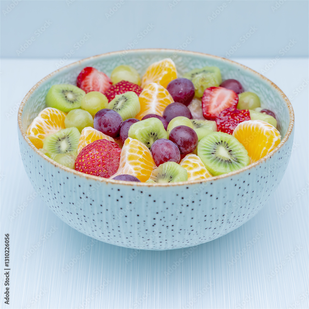 An artistic display of a colorful fruit salad in a speckled bowl with grapes, kiwi, strawberries, and orange slices, emphasizing fresh, vibrant, and healthy food elements. An artistic display of a colorful fruit salad in a speckled bowl with grapes, kiwi, strawberries, and orange slices, emphasizing fresh, vibrant, and healthy food elements.