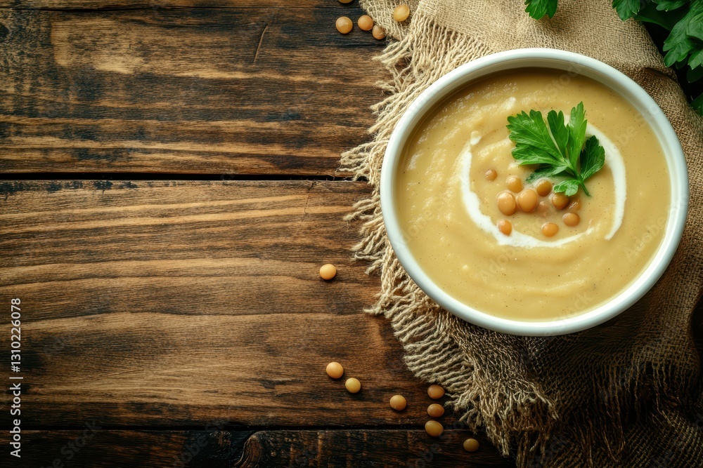 Creamy lentil soup served in a rustic bowl garnished with fresh parsley on a warm wooden table. Generative AI Creamy lentil soup served in a rustic bowl garnished with fresh parsley on a warm wooden table. Generative AI