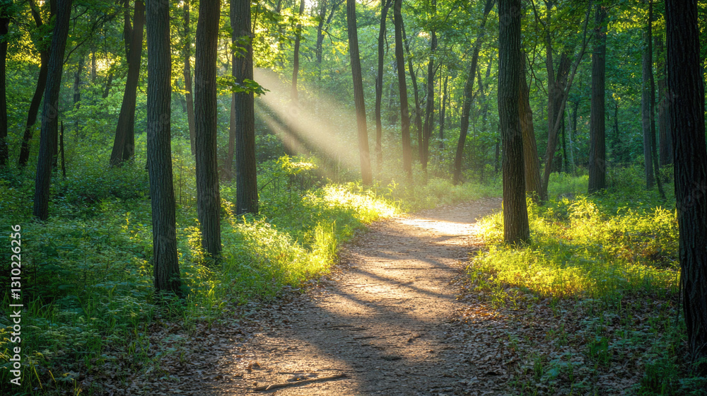 Obraz premium Sunlight streaming through trees on a serene forest path