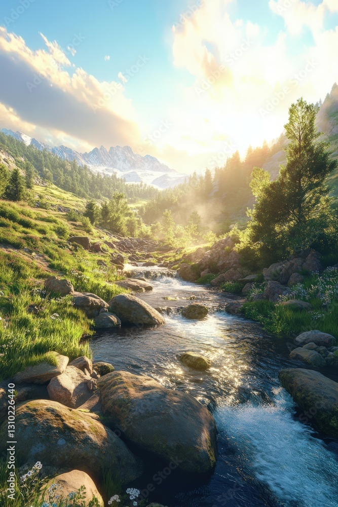 Obraz premium Mountain river flows through lush valley with sunlight illuminating the landscape near majestic peaks at dawn