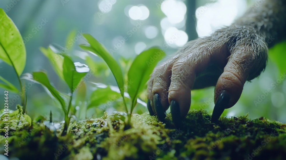 Fototapeta premium Monkey hand, rainforest plants, misty background, nature documentary