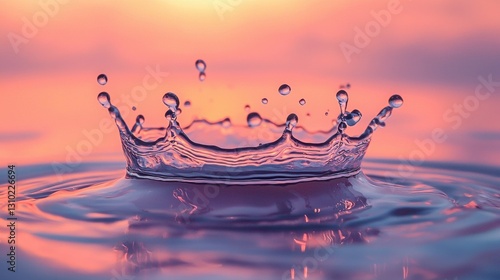 A mesmerizing water droplet splash creates a crown-like shape against a vibrant sunset backdrop. The colors are warm and inviting, evoking a sense of peace and tranquility.