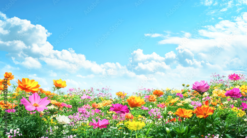 Vibrant wildflower meadow under clear blue sky with fluffy clouds Vibrant wildflower meadow under clear blue sky with fluffy clouds