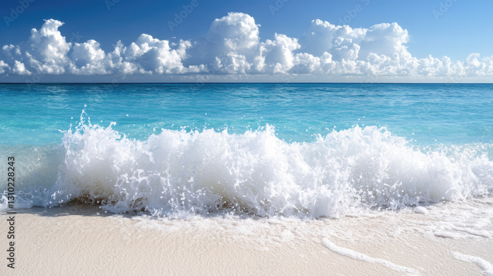 Fototapeta premium Vibrant ocean waves crashing on sunny sandy beach with clear blue skies
