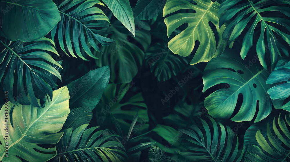 Lush tropical foliage with vibrant monstera and palm leaves Lush tropical foliage with vibrant monstera and palm leaves