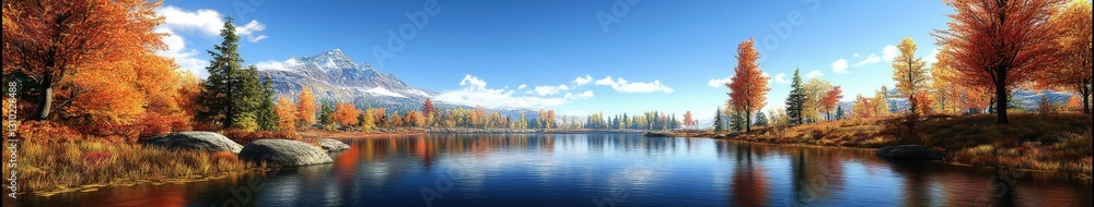Obraz premium Majestic mountain river surrounded by vibrant autumn foliage in a serene landscape with clear blue skies