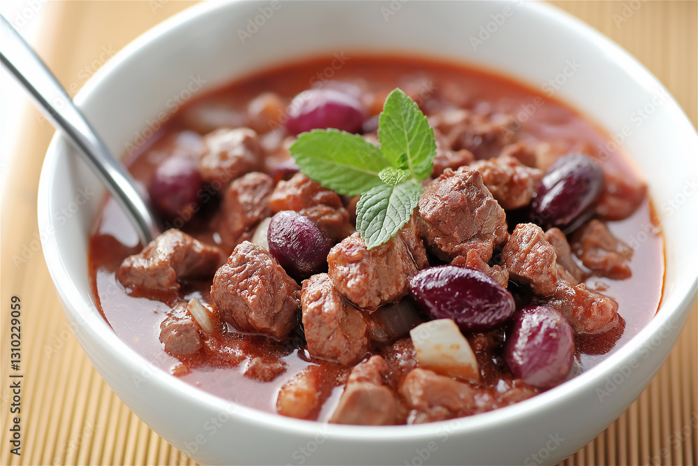 A warm and hearty bowl of stew with meat, beans, and herbs, garnished with a sprig of mint. This image represents comfort food, health, and wholesome meals, ideal for cooking and food content. A warm and hearty bowl of stew with meat, beans, and herbs, garnished with a sprig of mint. This image represents comfort food, health, and wholesome meals, ideal for cooking and food content.