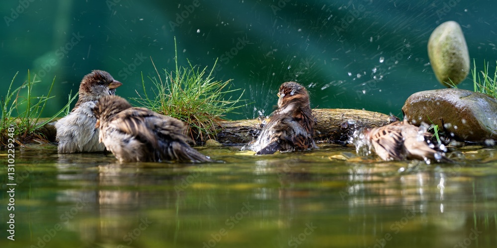 Four house sparrows bathe in a bird watering hole. They splash with water. Czech Republic.