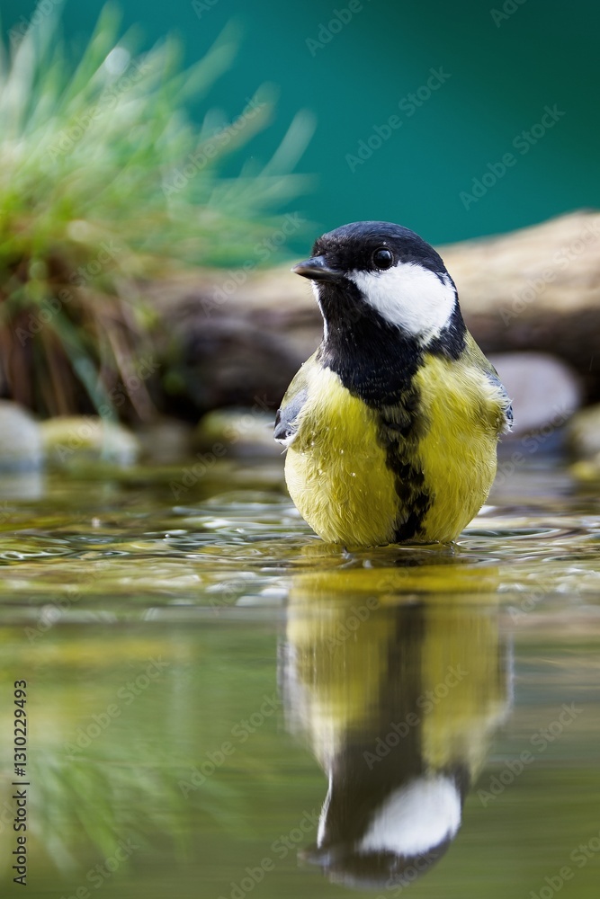 Great tit (Parus major) standing in water. Reflection on the water. Czechia..