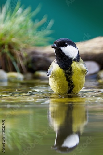 Obraz na płótnie Great tit (Parus major) standing in water. Reflection on the water. Czechia.. w salonie
