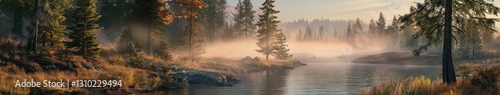 Mountain river flowing through misty forest during early morning light