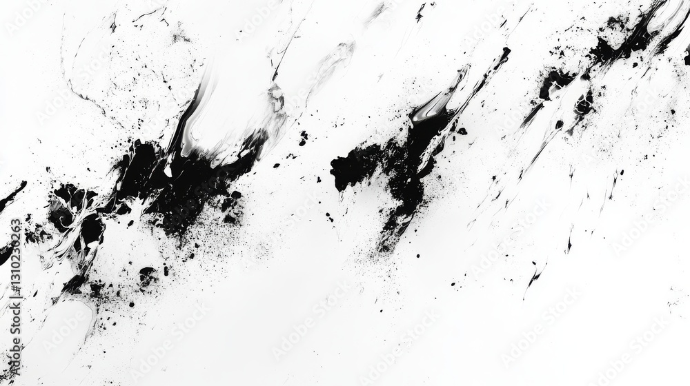 Dynamic interplay of black ink splatter on white canvas creating captivating abstract art Dynamic interplay of black ink splatter on white canvas creating captivating abstract art