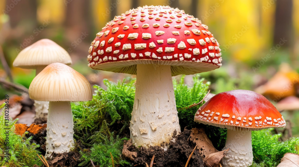 Fototapeta premium Vibrant red and white fly agaric mushrooms in forest setting
