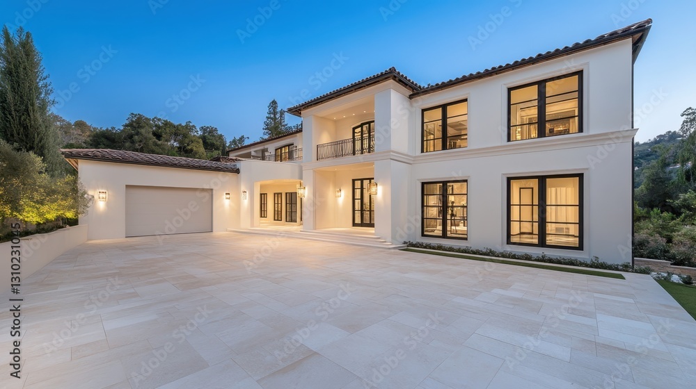 Large, modern white luxury home exterior with illuminated driveway and attached garage at dusk, featuring a tiled roof, black window frames, and landscaping Large, modern white luxury home exterior with illuminated driveway and attached garage at dusk, featuring a tiled roof, black window frames, and landscaping