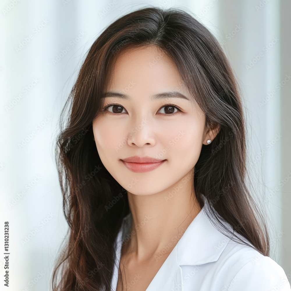 Asian female young adult smiling in a professional setting with long hair Asian female young adult smiling in a professional setting with long hair