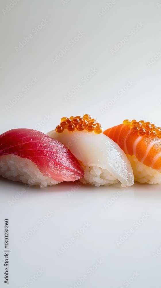 vertical shot of assorted nigiri sushi with salmon, white fish and ikura on marble background, japanese food vertical shot of assorted nigiri sushi with salmon, white fish and ikura on marble background, japanese food