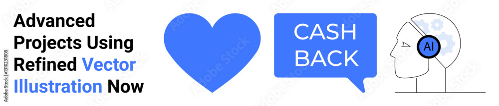 Blue heart, speech bubble labeled Cash Back, and AI-head profile emphasizing technology, love, and rewards. Ideal for fintech promotion, AI tools, loyalty programs, CRM e-commerce digital Blue heart, speech bubble labeled Cash Back, and AI-head profile emphasizing technology, love, and rewards. Ideal for fintech promotion, AI tools, loyalty programs, CRM e-commerce digital
