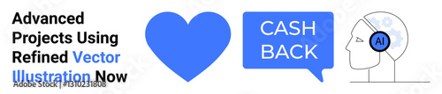 Blue heart, speech bubble labeled Cash Back, and AI-head profile emphasizing technology, love, and rewards. Ideal for fintech promotion, AI tools, loyalty programs, CRM e-commerce digital