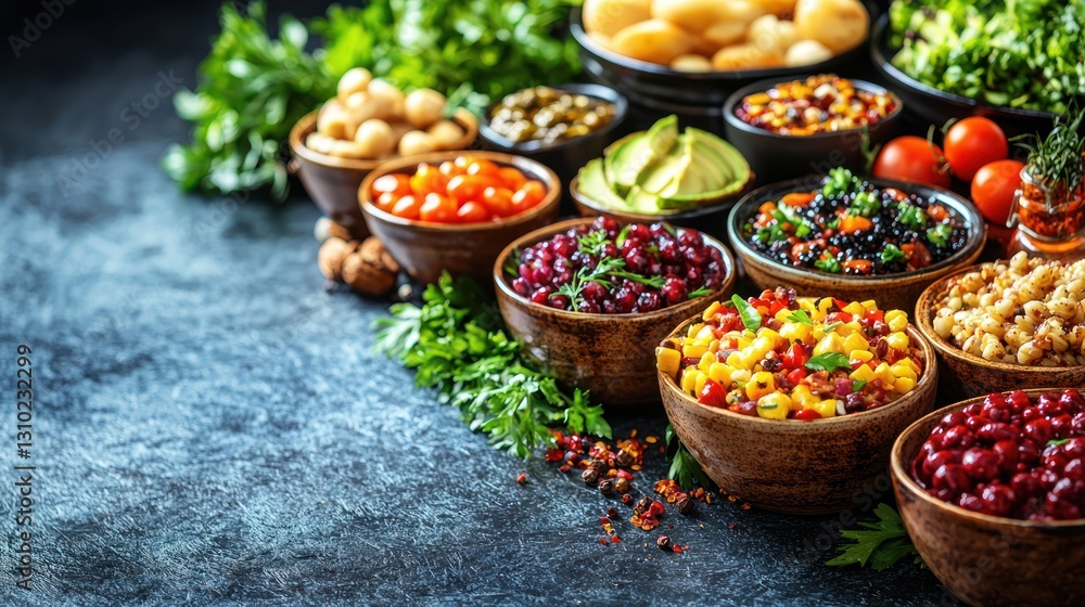 Fototapeta premium Colorful assortment of fresh salads and vegetables on a rustic table